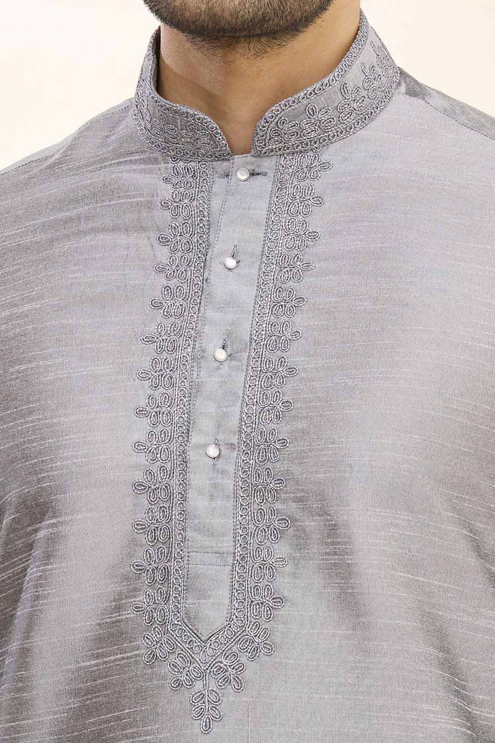 Buy Men's Art Dupion Silk Embroidered Kurta Set in Grey Online - Front