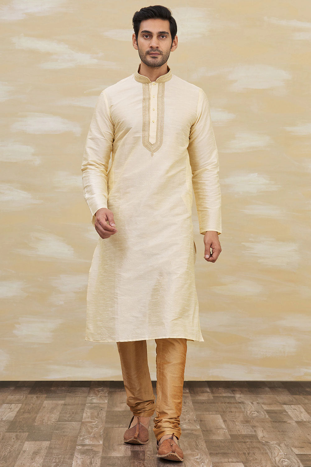 Buy Men's Art Dupion Silk Embroidered Kurta Set in Beige Online - Front