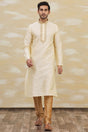 Buy Men's Art Dupion Silk Embroidered Kurta Set in Beige Online - Front