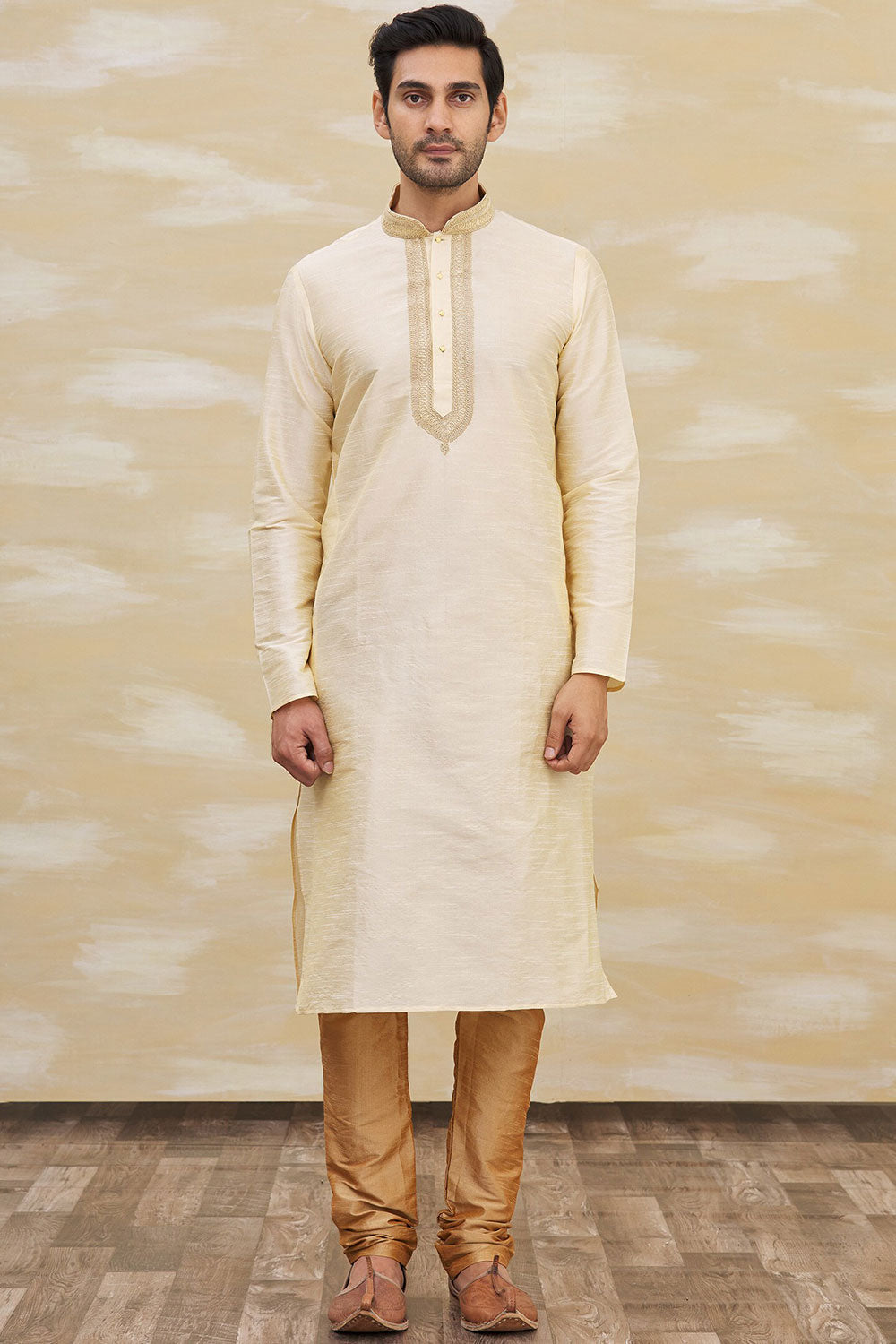 Buy Men's Art Dupion Silk Embroidered Kurta Set in Beige Online - Side