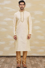 Buy Men's Art Dupion Silk Embroidered Kurta Set in Beige Online - Side