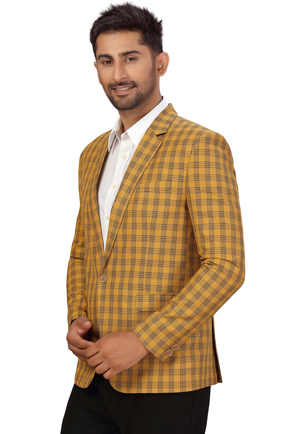 Buy Men's Checks Suiting Fabric  Checks Printed Blazer in Dark Yellow  Online - Front
