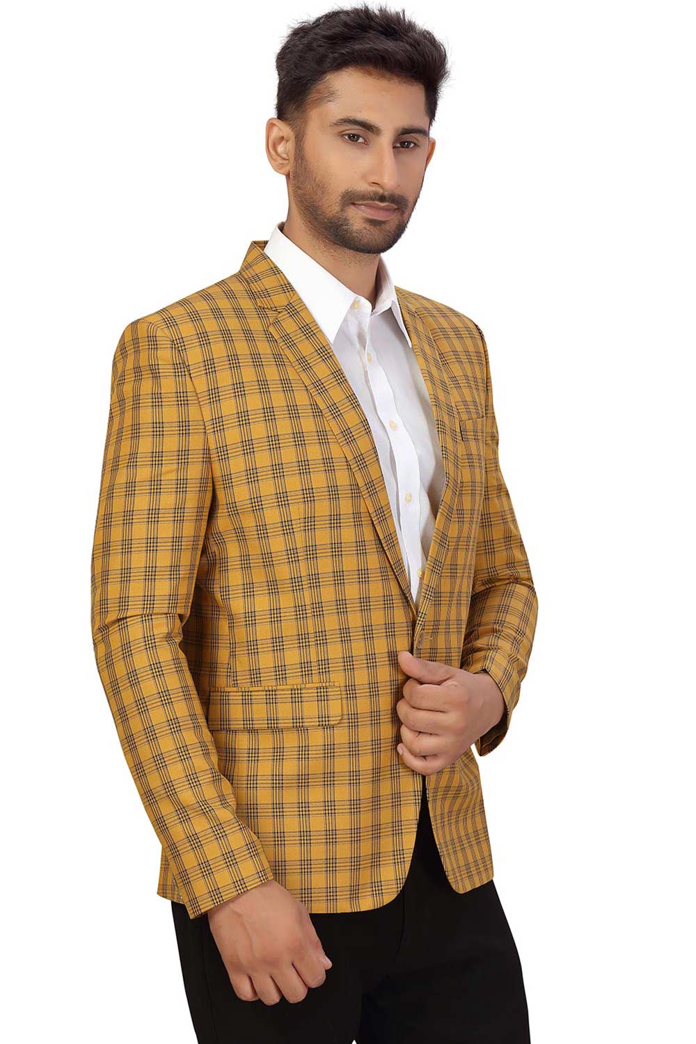 Buy Men's Checks Suiting Fabric  Checks Printed Blazer in Dark Yellow  Online - Side