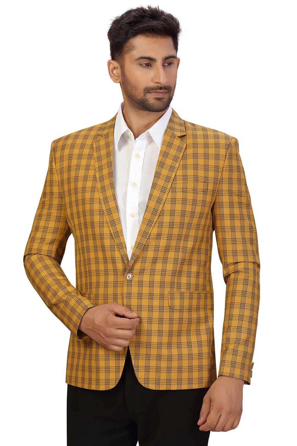 Buy Men's Checks Suiting Fabric  Checks Printed Blazer in Dark Yellow  Online - Zoom In