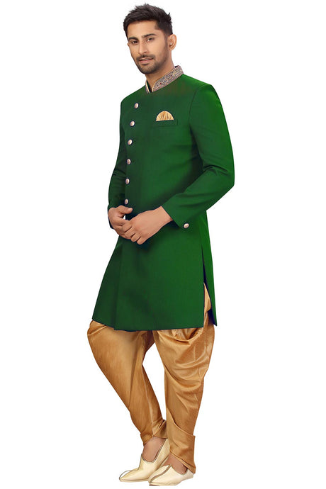 Buy Men's Art Silk  Solid Sherwani Set in Green  Online