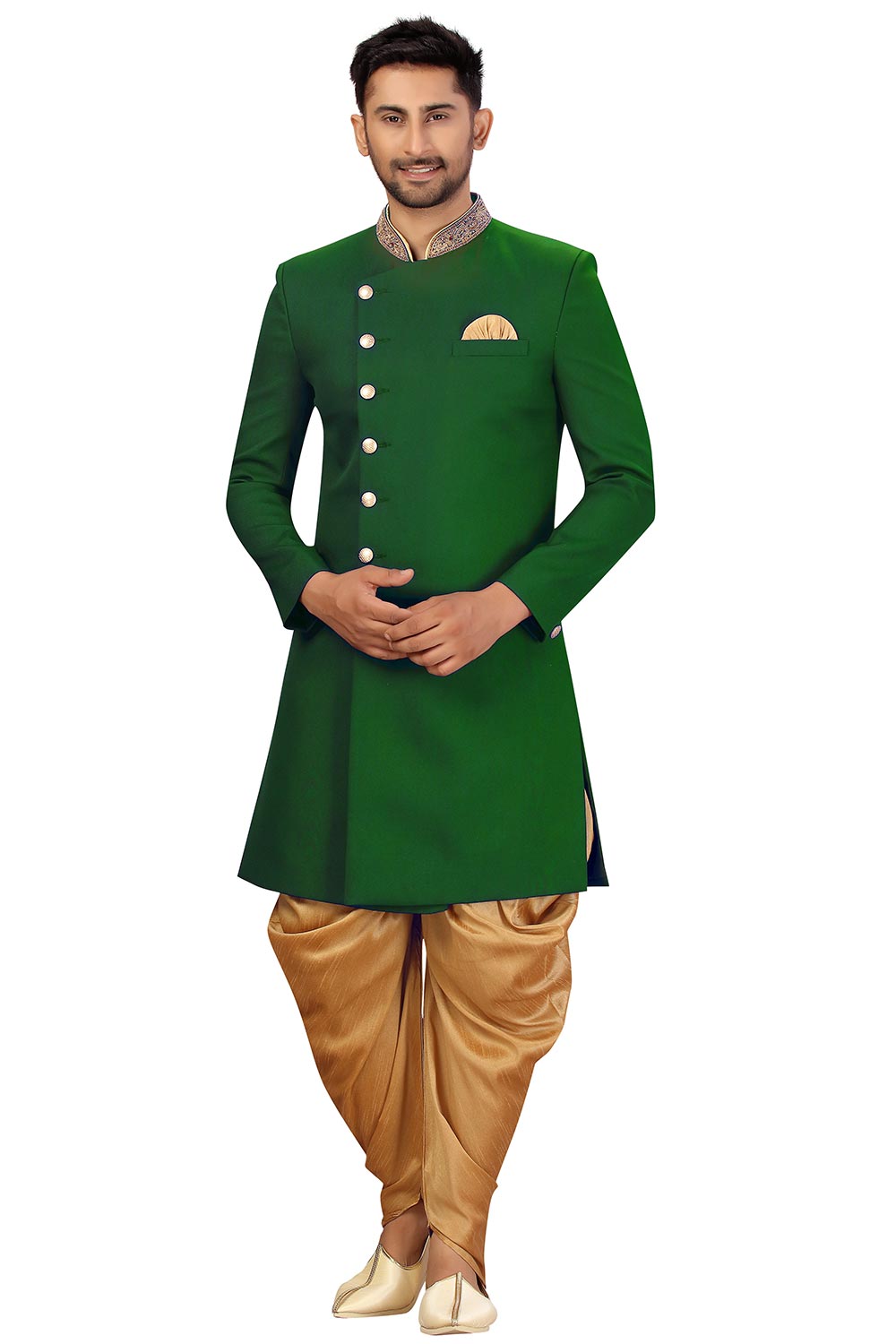 Buy Men's Art Silk  Solid Sherwani Set in Green  Online - Back