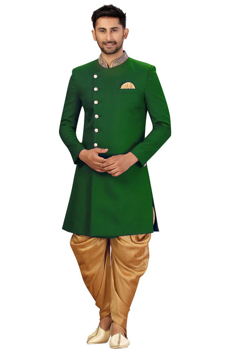 Buy Men's Art Silk  Solid Sherwani Set in Green  Online - Back