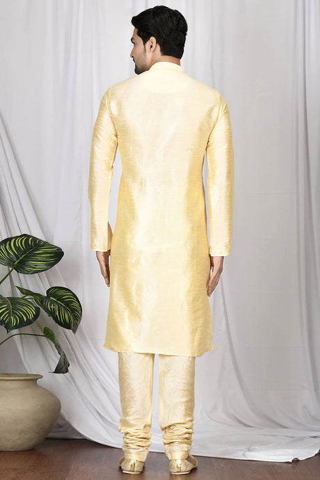 Buy Men's Art Dupion Silk Solid Kurta Set in Beige Online