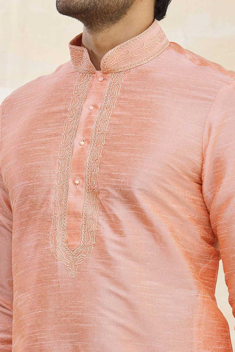 Buy Men's Art Dupion Silk Solid Kurta Set in Pink Online