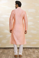 Buy Men's Art Dupion Silk Solid Kurta Set in Pink Online - Back