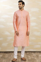 Buy Men's Art Dupion Silk Solid Kurta Set in Pink Online - Side