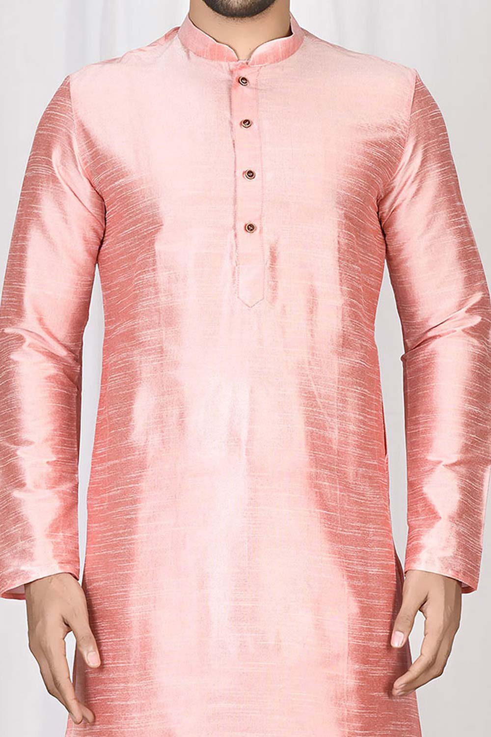 Buy Men's Art Dupion Silk Solid Kurta Set in Pink Online - Back