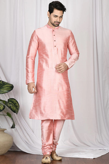 Buy Men's Art Dupion Silk Solid Kurta Set in Pink Online - Front