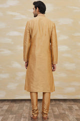 Buy Men's Art Dupion Silk Embroidered Kurta Set in Gold Online