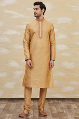 Buy Men's Art Dupion Silk Embroidered Kurta Set in Gold Online - Side