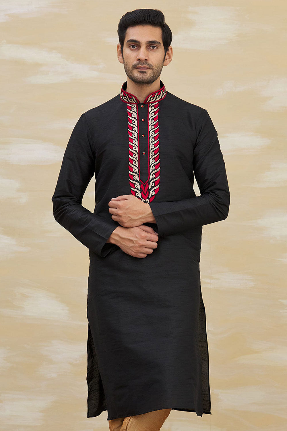 Buy Men's Art Dupion Silk Embroidered Kurta Set in Black Online - Front