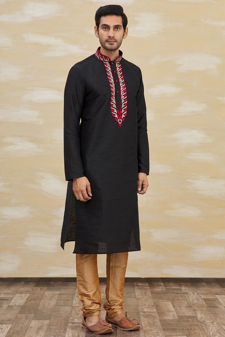 Buy Men's Art Dupion Silk Embroidered Kurta Set in Black Online - Side