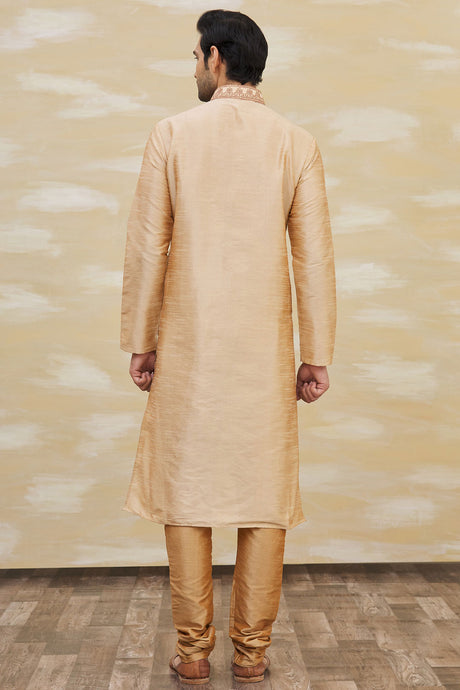 Buy Men's Art Dupion Silk Embroidered Kurta Set in Light Brown Online