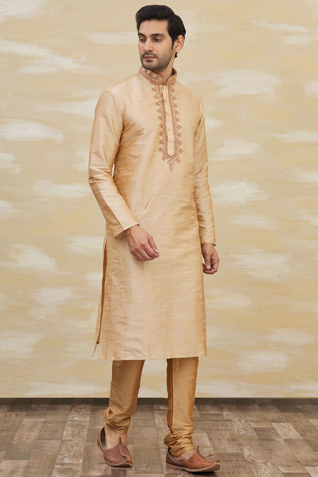 Buy Men's Art Dupion Silk Embroidered Kurta Set in Light Brown Online - Front