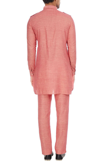 Men's Pink Art Silk Solid Pathani Set