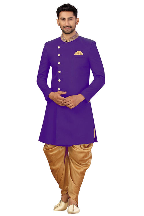 Buy Men's Art Silk  Solid Sherwani Set in Purple Online - Back