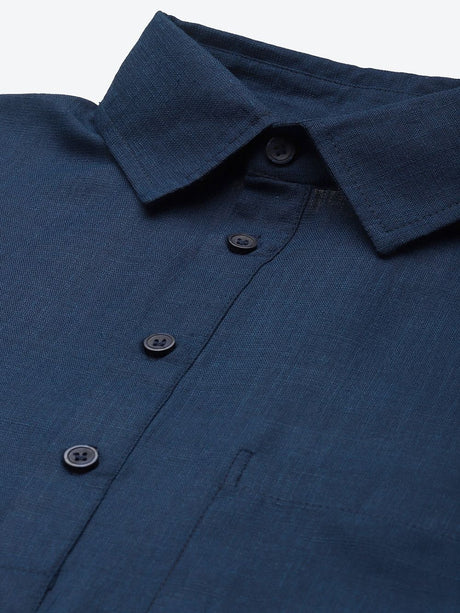 Men's Navy Blue Cotton Solid Pathani Set