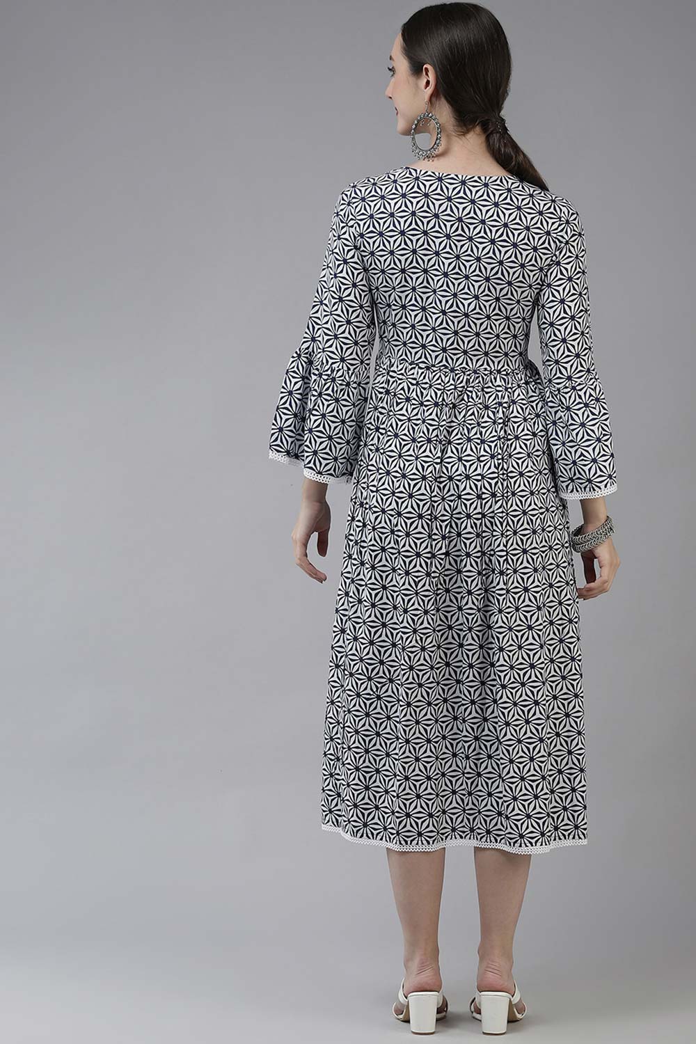 Navy Blue Viscose Rayon Embroidery And Lace Cotton Dress