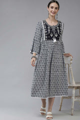 Navy Blue Viscose Rayon Embroidery And Lace Cotton Dress