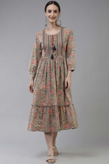 Grey Pure Cotton Embroidery And  Layered Dress