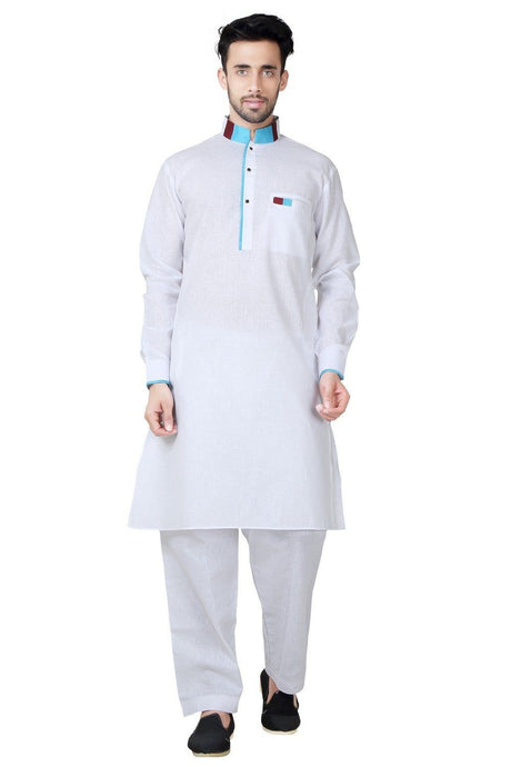 Men's White Cotton Solid Pathani Set