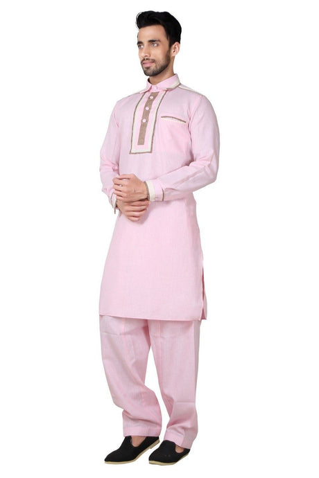 Men's Pink Cotton Solid Pathani Set