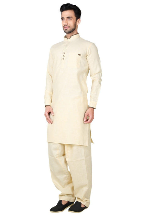 Men's Yellow Cotton Solid Pathani Set