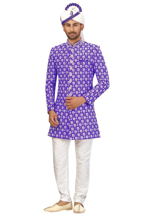 Buy Men's Art Silk  Embroidery  Sherwani Set in Purple Online - Back