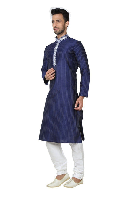 Men's Navy Blue Art Silk Embroidered Kurta Pyjama Set