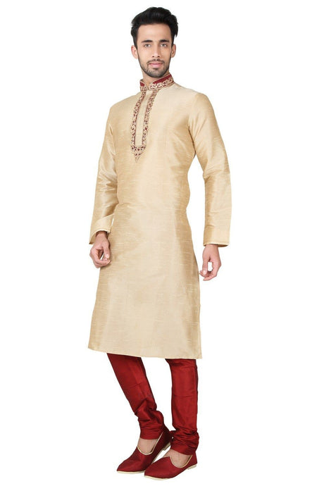 Men's Gold Art Silk Embroidered Kurta Pyjama Set