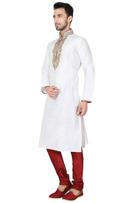 Men's White Art Silk Embroidered Kurta Pyjama Set