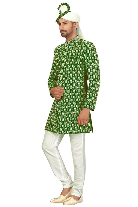 Buy Men's Art Silk  Embroidery  Sherwani Set in Mehndi  Green  Online