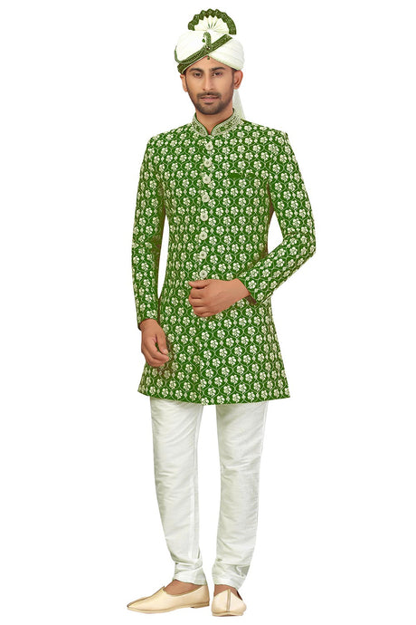 Buy Men's Art Silk  Embroidery  Sherwani Set in Mehndi  Green  Online - Back
