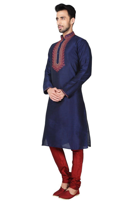 Men's Navy Blue Art Silk Embroidered , Thread Kurta Pyjama Set