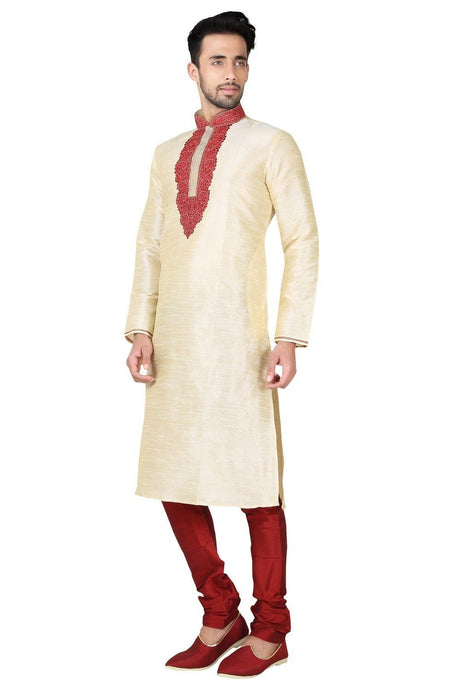 Men's Fawn Art Silk Embroidered Kurta Pajama Set