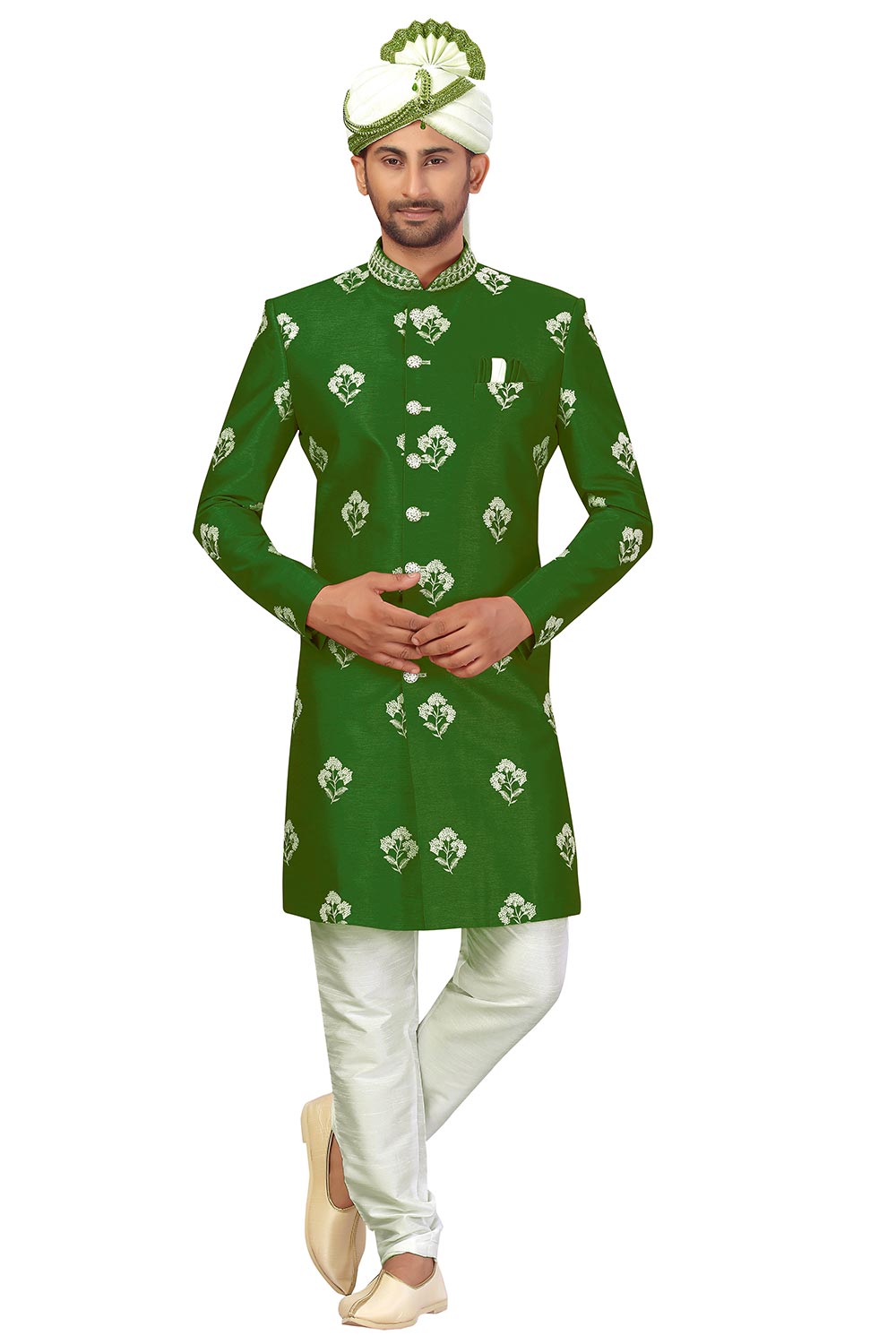 Buy Men's Art Silk  Embroidery  Sherwani Set in Dark Green  Online