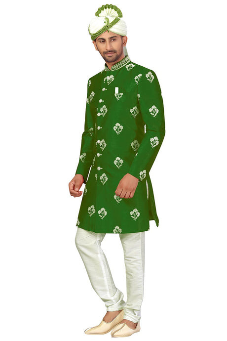 Buy Men's Art Silk  Embroidery  Sherwani Set in Dark Green  Online - Back