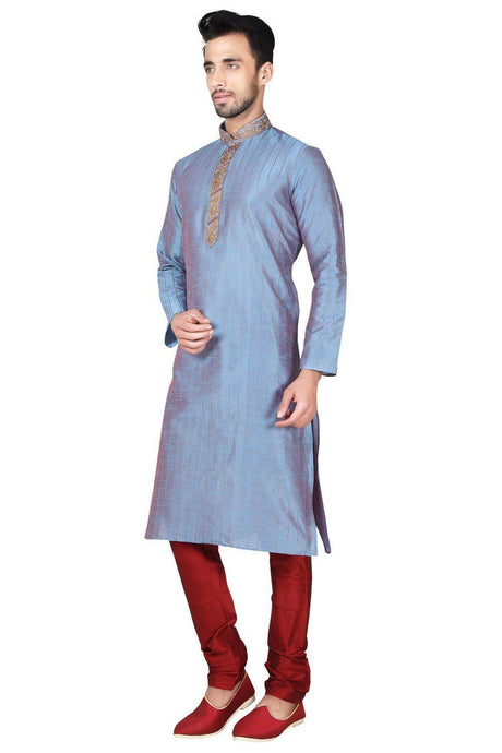 Men's Blue Art Silk Embroidered Kurta Pyjama Set
