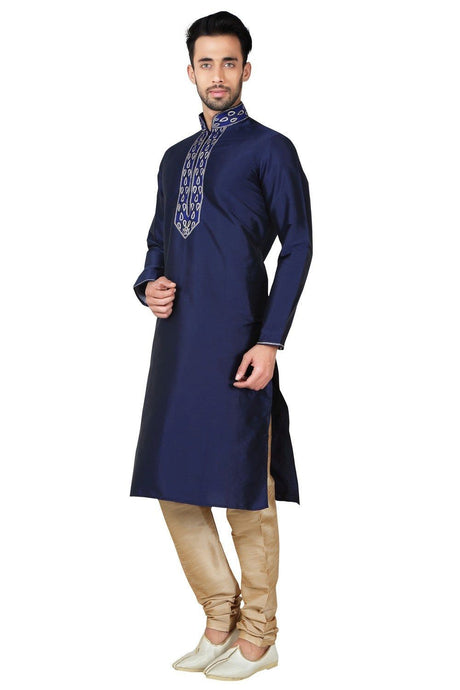 Men's Navy Blue Taffeta Aari Kurta Pyjama Set