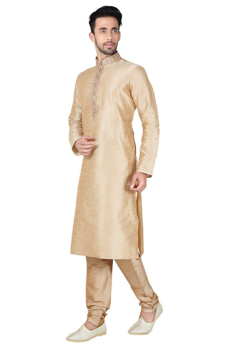 Men's Gold Art Silk Embroidered Kurta Pyjama Set