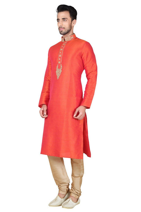 Men's Orange Art Silk Embroidered Kurta Pyjama Set