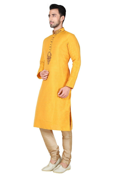 Men's Yellow Art Silk Embroidered Kurta Pyjama Set