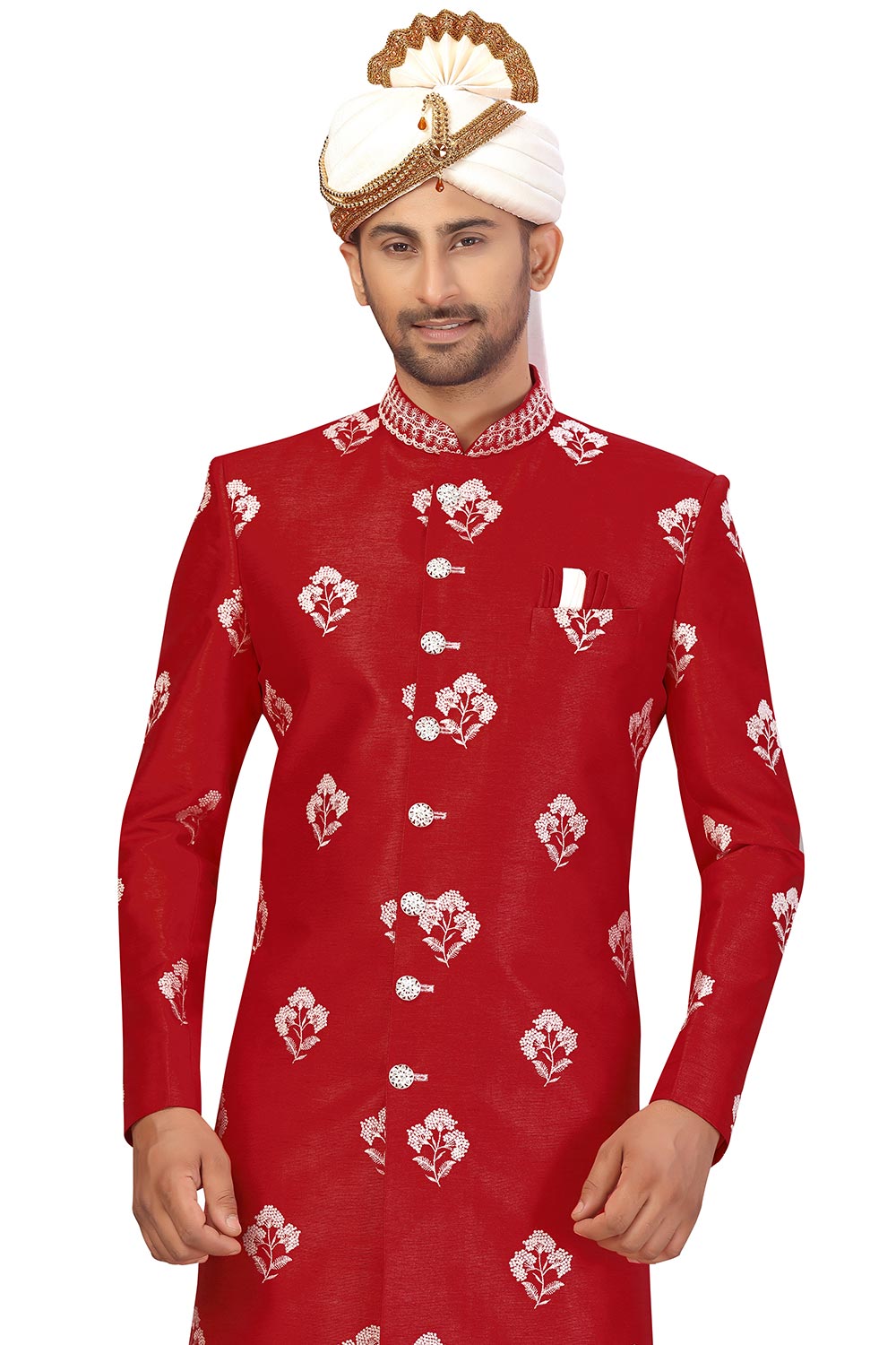 Buy Men's Art Silk  Embroidery  Sherwani Set in Maroon  Online - Front