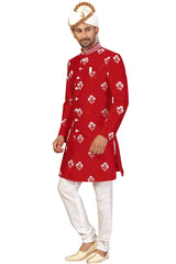 Buy Men's Art Silk  Embroidery  Sherwani Set in Maroon  Online - Back