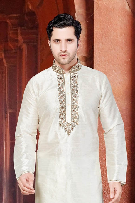 Men's Cream Art Silk Embroidered Kurta Pyjama Set